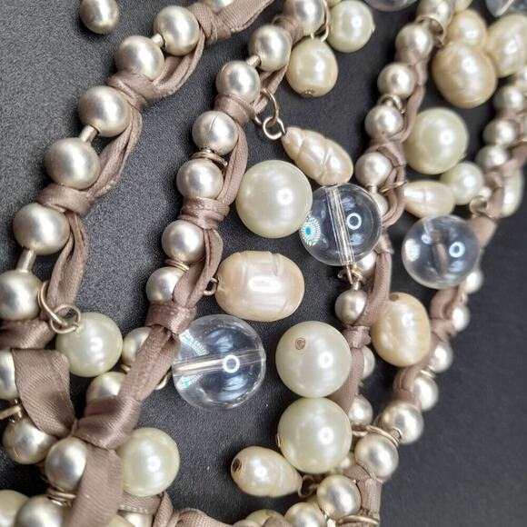 Chico's Glass Pearl Long Necklace,  Clear Globe Beads, 41 Inches, Beige Ribbon - Picture 10 of 11